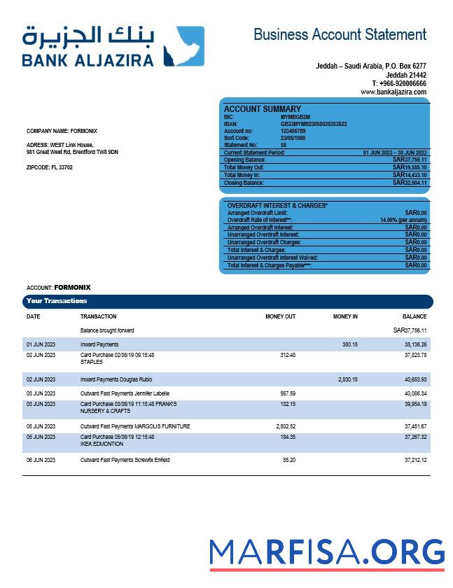 Printable Bank AlJazira firm account statement Word and PDF template